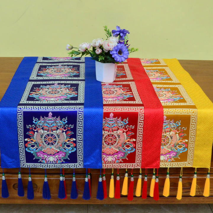 Buddha Stones Prayer Altar Mat Man-Bcu Kalachakra Endless Knot Vajra Tibetan Auspicious Symbols Tassels Table Runner - image 7