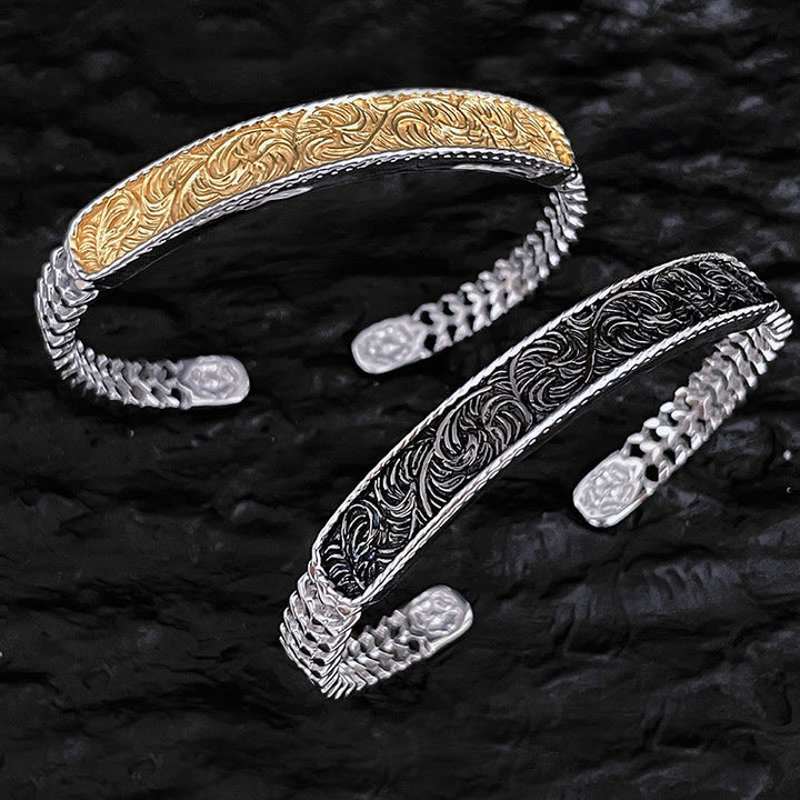 Buddha Stones Tang Dynasty Flower Design Engraved Copper Luck Cuff Bracelet Bangle Adjustable Ring - image 6
