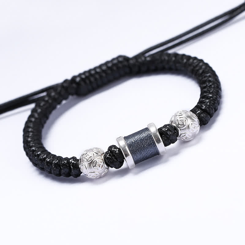 Buddha Stones 999 Sterling Silver Copper Coin Bead Copper Balance Braided String Bracelet - Silver Gray - image 7