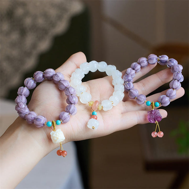 Buddha Stones Liuli Glass Bead Lotus Design Fluorite Ivory Fruit Dancing Lion Charm Enlightenment Bracelet - image 8