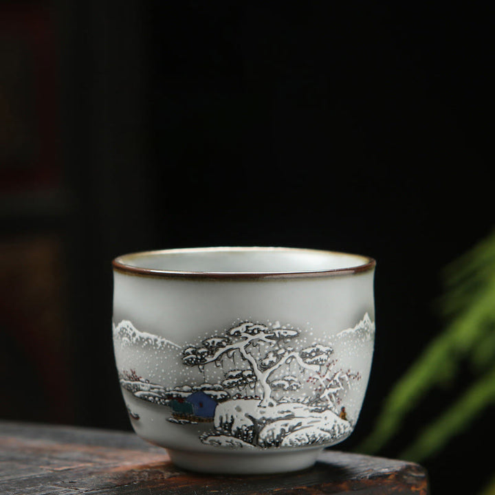Buddha Stones Loquat Lychee Snow Scenery Landscape Grape Apple Ceramic Teacup Kung Fu Tea Cup - Snow Scenery 6.5cm*5.5cm*130ml - image 6