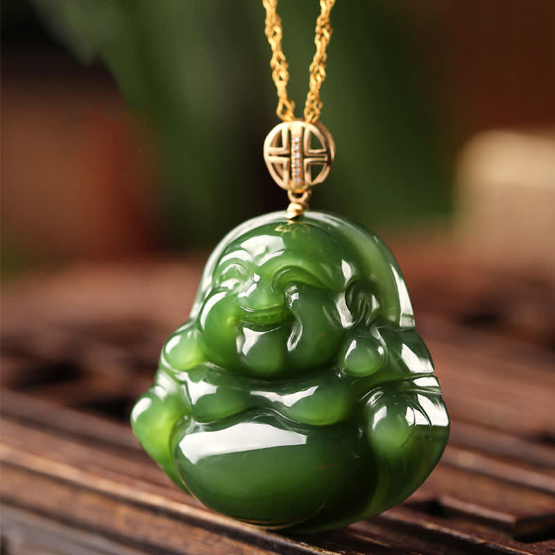 Buddha Stones 925 Sterling Silver Laughing Buddha Hetian Cyan Jade 18K Gold Success Necklace Chain Pendant - image 4
