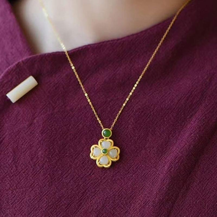 Buddha Stones 925 Sterling Silver Lucky Four Leaf Clover Jade Prosperity Necklace Chain Pendant - image 7