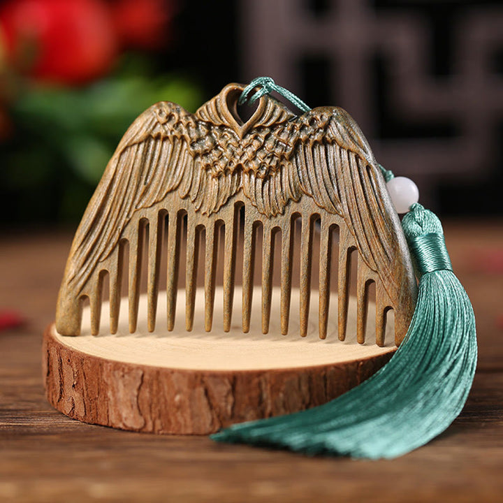 Green Sandalwood Fox Peony Flower Lotus Engraved Cure Tassel Comb - Angel Wings Green Sandalwood - image 8