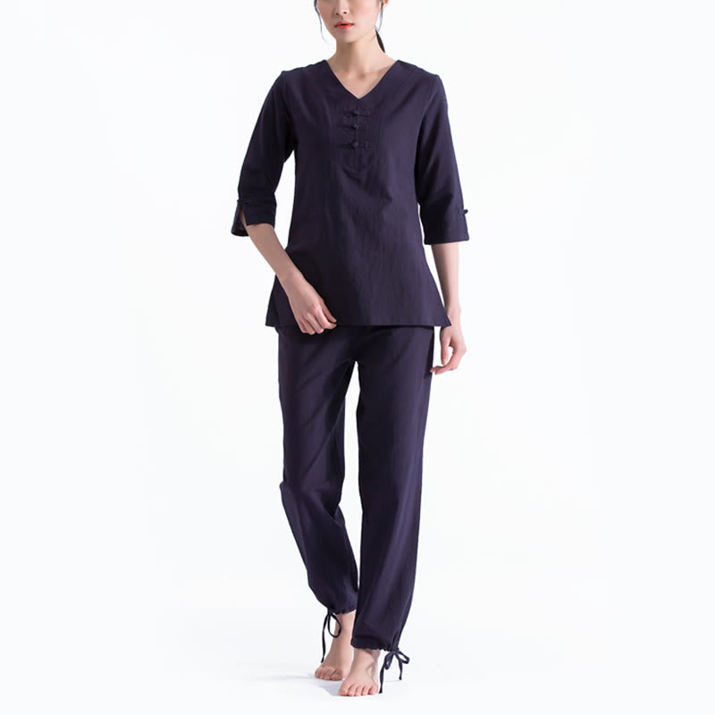 Buddha Stones Yoga Meditation Prayer V-neck Design Cotton Linen Clothing Uniform Zen Practice Women's Set - Dark Blue - US8-10，UK/AU12-14，EU40-42 (2XL) - image 3