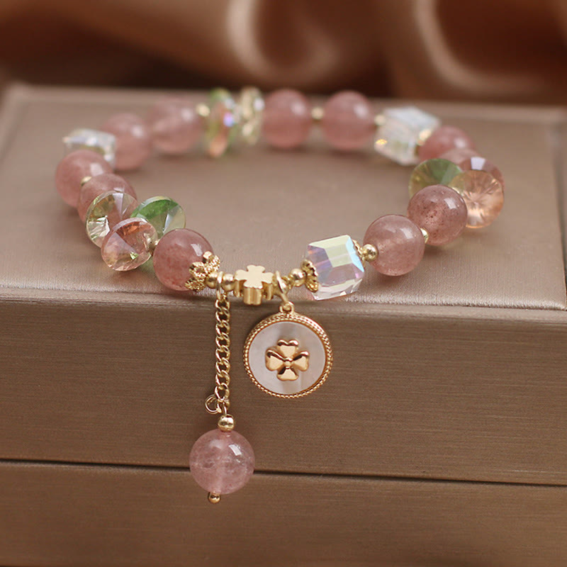 Buddha Stones Strawberry Quartz Lucky Four Leaf Clover Healing Charm Bracelet - image 1