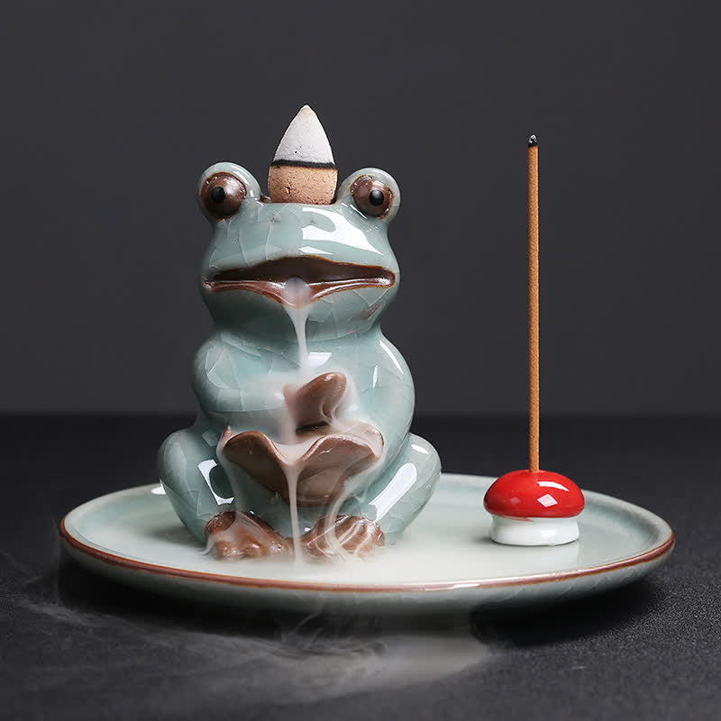 Meditation Frog Ceramic Lotus Healing Incense Burner - Sitting Frog - image 0