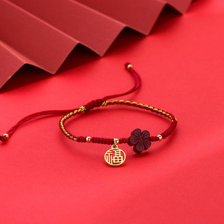 Buddha Stones Cinnabar Flower Fu Character Blessing Braided String Bracelet - image 4