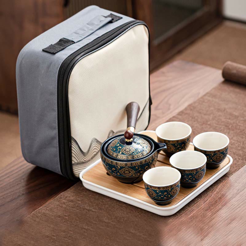 Buddha Stones Chinese Gongfu Tea Set Design Ceramic Teapot Portable Gift Bag - Floral Blue - image 1