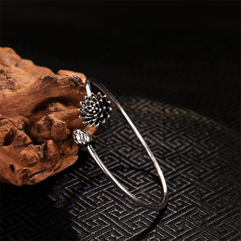 Buddha Stones Retro Lotus White Copper Enlightenment Bracelet Bangle - Gray Lotus - image 0