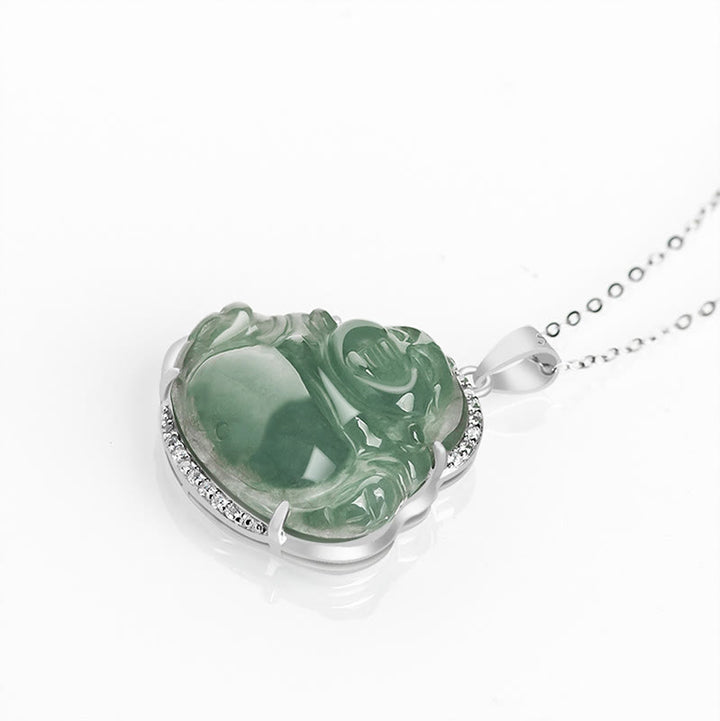 Buddha Stones Laughing Buddha Natural Jade Luck Prosperity Necklace Titanium Steel Chain Pendant - image 3