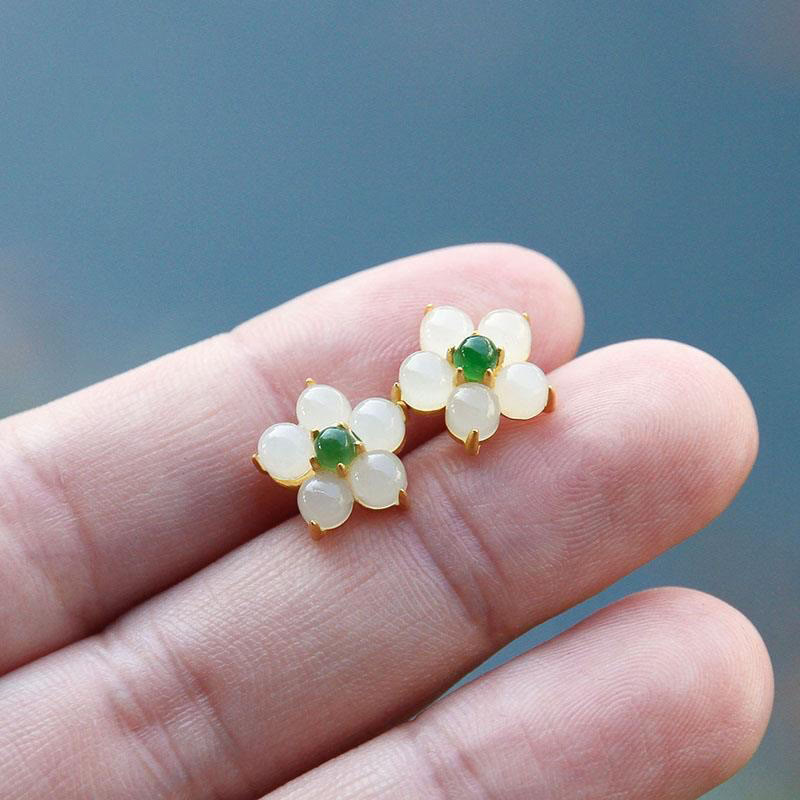 Buddha Stones White Jade Flower Luck Blessing Stud Earrings - image 3