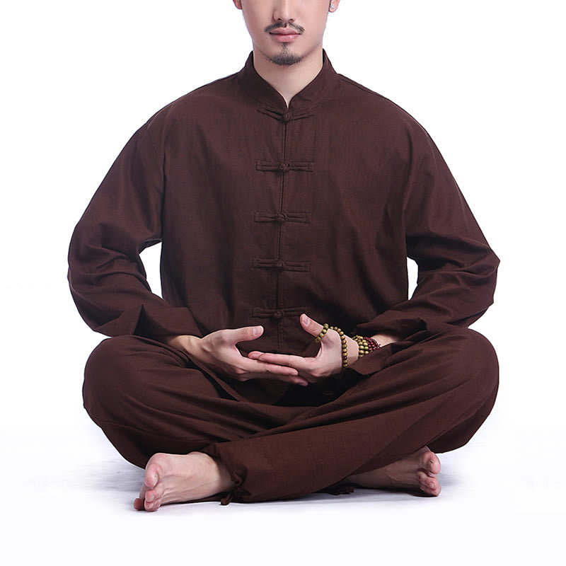 Buddha Stones Chinese Frog Button Design Meditation Prayer Cotton Linen Spiritual Zen Practice Yoga Clothing Men's Set - Brown(Long Sleeve) - US/UK/AU44，EU54 (3XL) - image 13