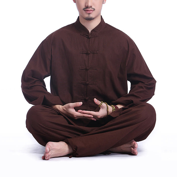Buddha Stones Chinese Frog Button Design Meditation Prayer Cotton Linen Spiritual Zen Practice Yoga Clothing Men's Set - Brown(Long Sleeve) - US/UK/AU44，EU54 (3XL) - image 13