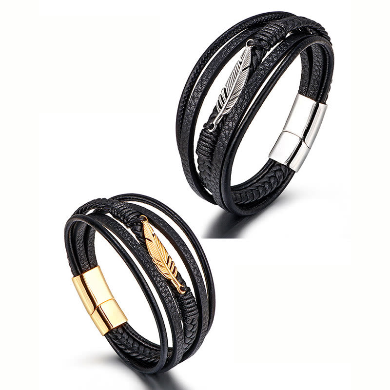 Buddha Stones Feather Pattern Multilayer Leather Titanium Steel Calm Braided Magnetic Buckle Bracelet - image 7