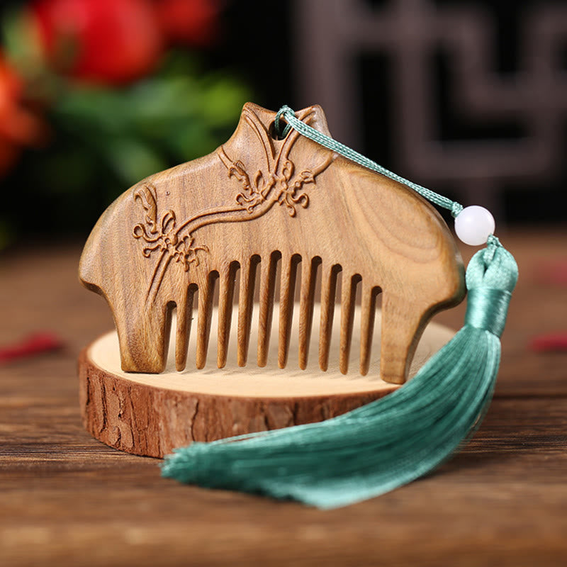 Green Sandalwood Fox Peony Flower Lotus Engraved Cure Tassel Comb - Cheongsam Green Sandalwood - image 15