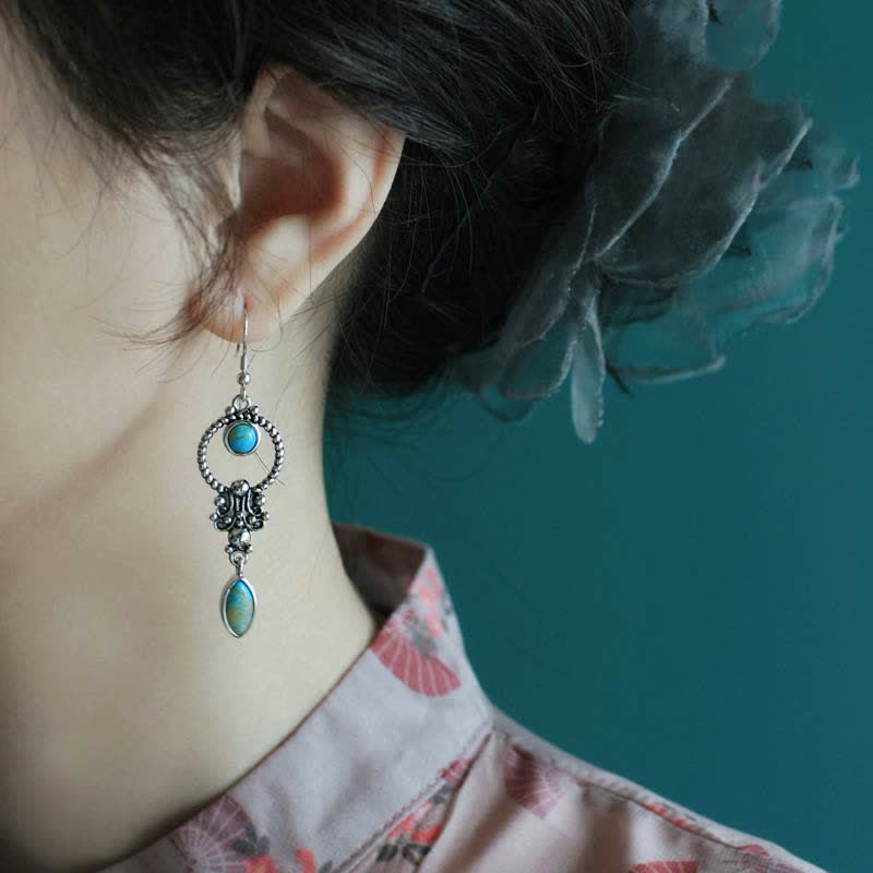 Buddha Stones 925 Sterling Silver Vintage Turquoise Waterdrop Pattern Balance Drop Dangle Earrings - image 1