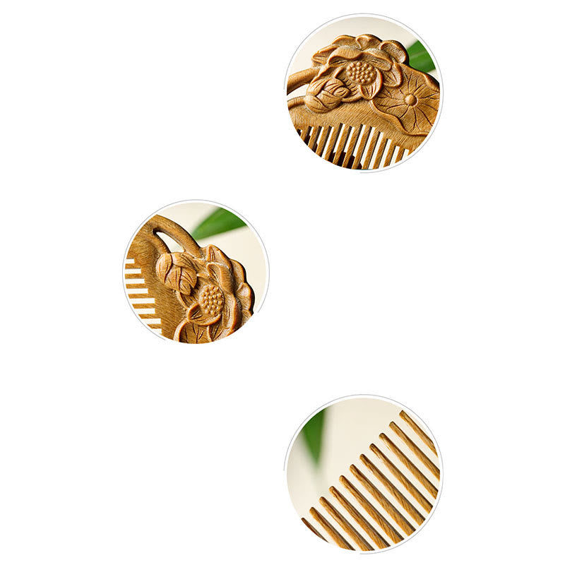Natural Green Sandalwood Lotus Flower Leaf Engraved Soothing Comb - image 13