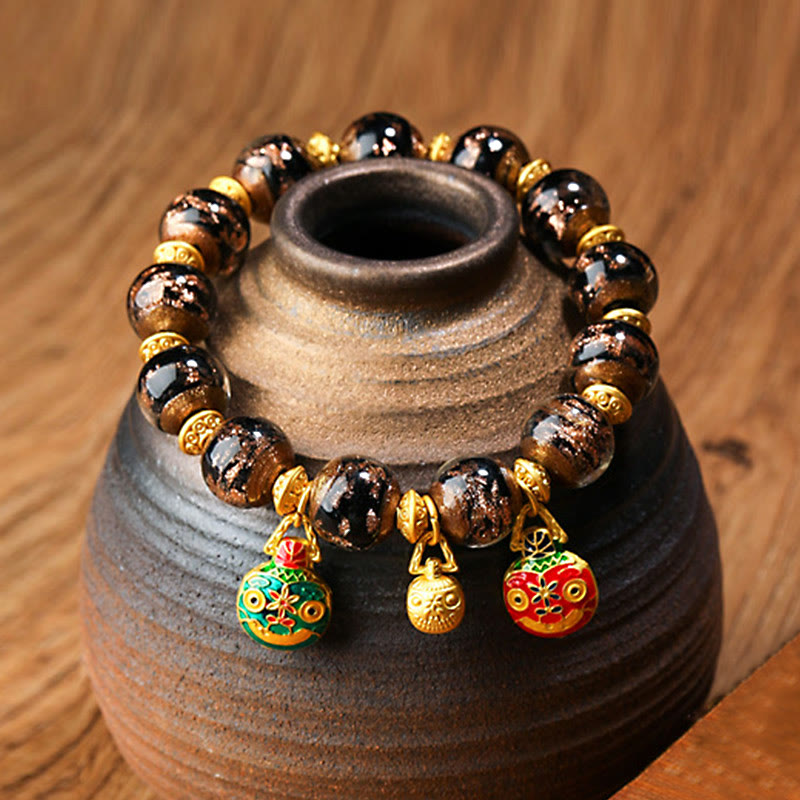 Buddha Stones Gold Swallowing Beast Family Charm Liuli Glass Bead Fortune Bracelet - Black - Gold Swallowing Beast Family - 12mm - image 8