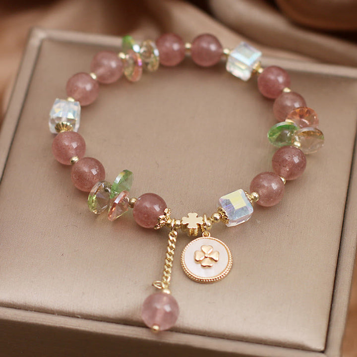 Buddha Stones Strawberry Quartz Lucky Four Leaf Clover Healing Charm Bracelet - image 7