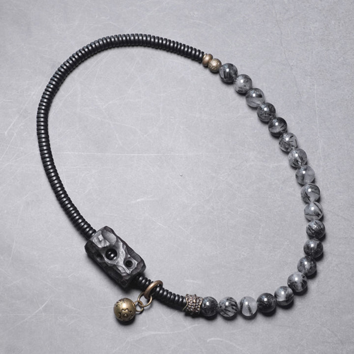 Buddha Stones Black Rutilated Quartz Ebony Wood Copper Wisdom Couple Bracelet - image 12