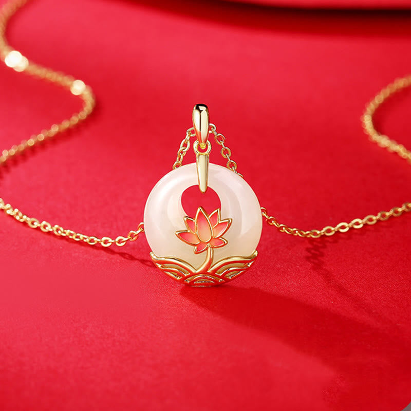 Buddha Stones 925 Sterling Silver Hetian White Jade Lotus Flower Blessing Necklace Pendant - image 2