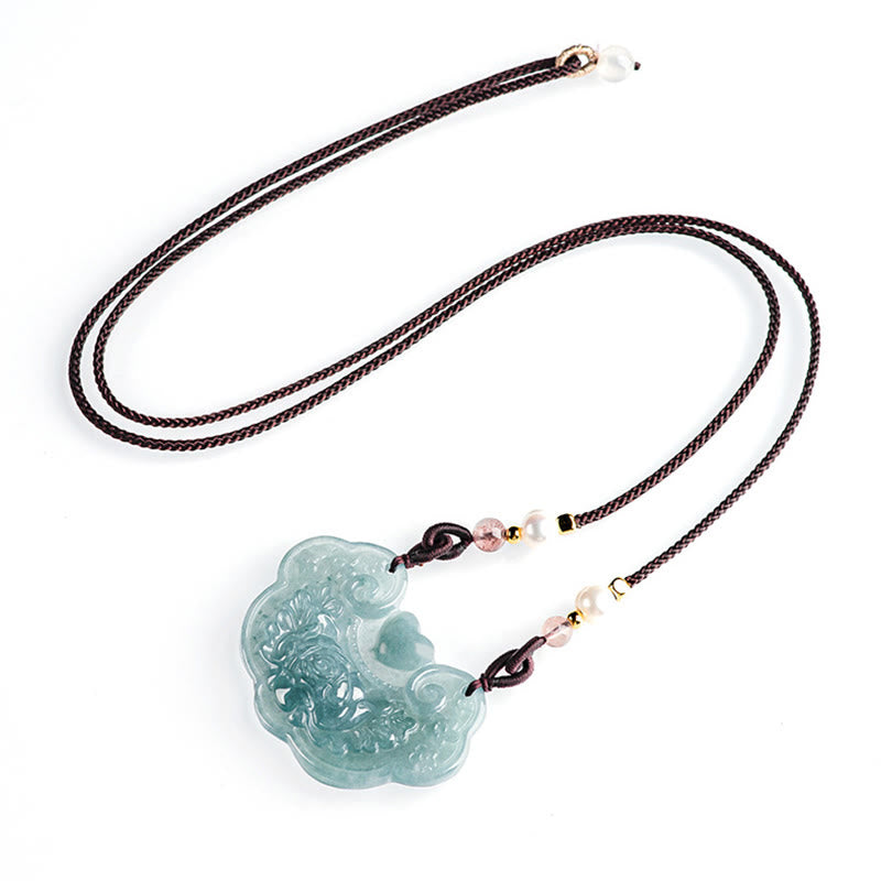 Buddha Stones Natural Jade Peony Flower Lock of Good Wishes Prosperity Necklace Pendant - image 10
