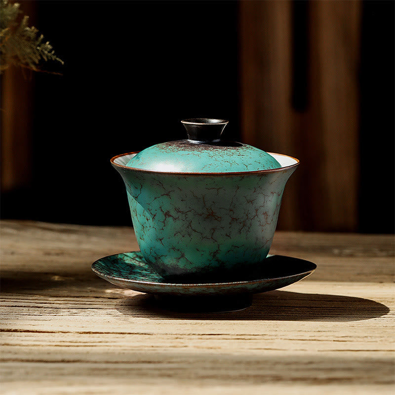 Buddha Stones Retro Green Glaze Ceramic Gaiwan Sancai Teacup Kung Fu Tea Cup And Saucer With Lid - 11.3*8.5cm*180ml - image 0