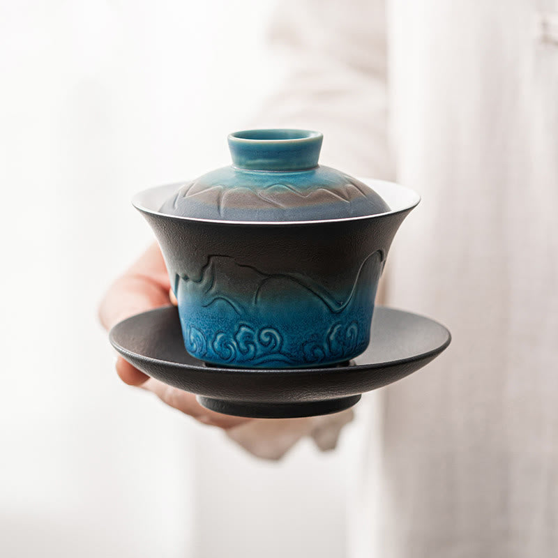 Buddha Stones Retro Blue Ocean Sea Waves Gradient Ceramic Gaiwan Sancai Teacup Kung Fu Tea Cup And Saucer With Lid - Blue Black Gradient 11.3*9.3cm*120ml - image 0