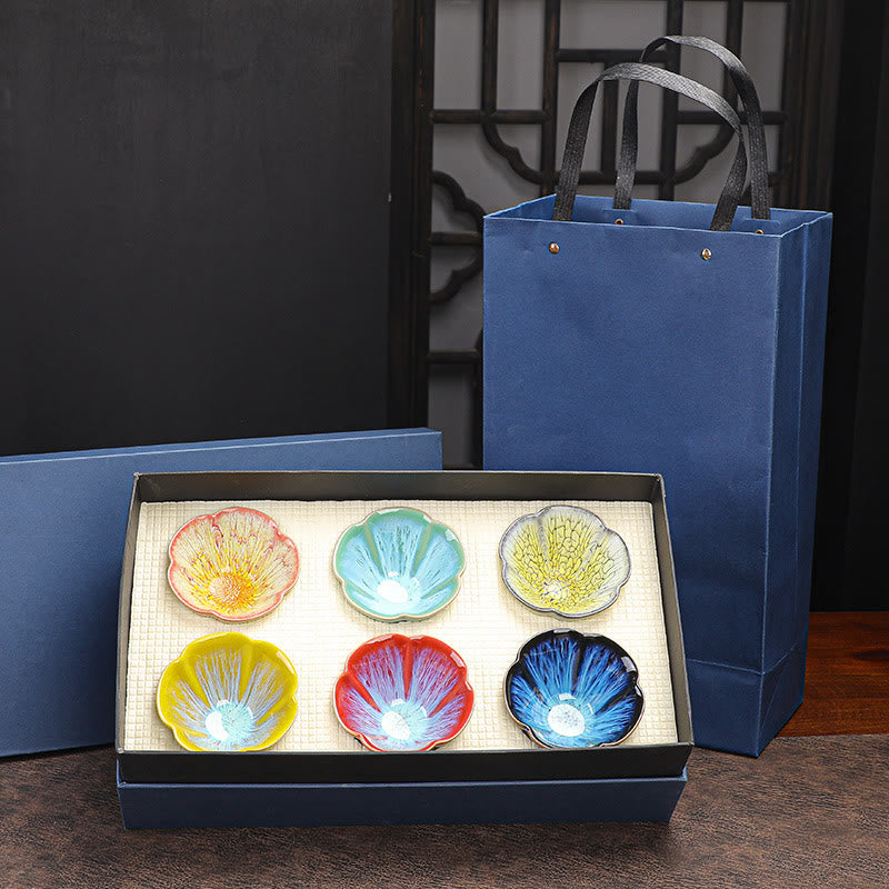 Buddha Stones 6Pcs Plum Blossom Petal Pattern Chinese Jianzhan Kiln Change Ceramic Teacup Kung Fu Tea Cup Bowl With Gift Box - 6pcs Petal Cup 9cm*5.4cm*80ml(With Blue Gift Box) - image 11