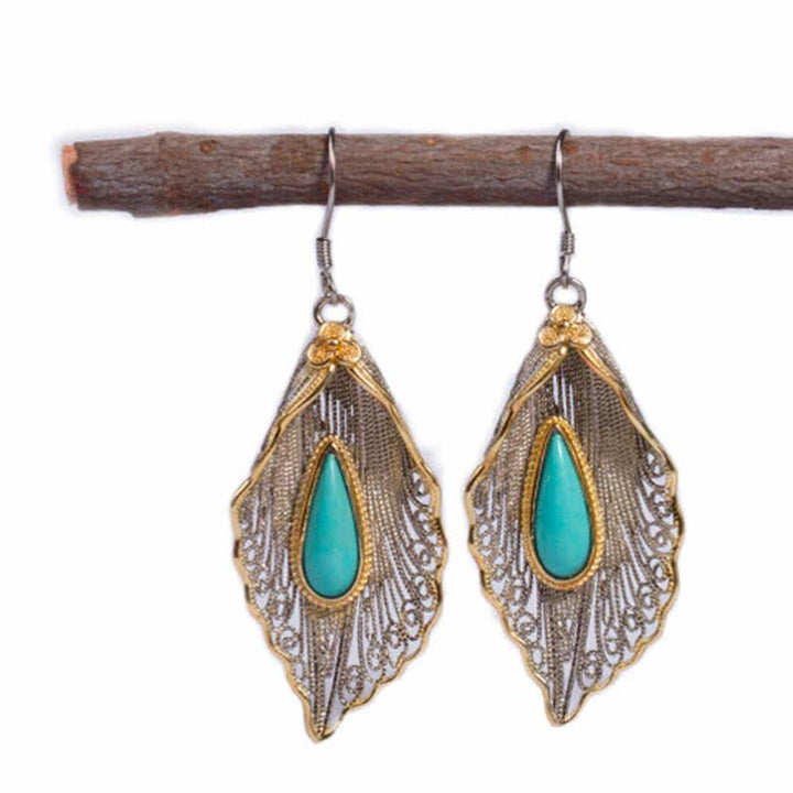 Buddha Stones 925 Sterling Silver Turquoise Bodhi Leaf Pattern Protection Drop Dangle Earrings - image 17