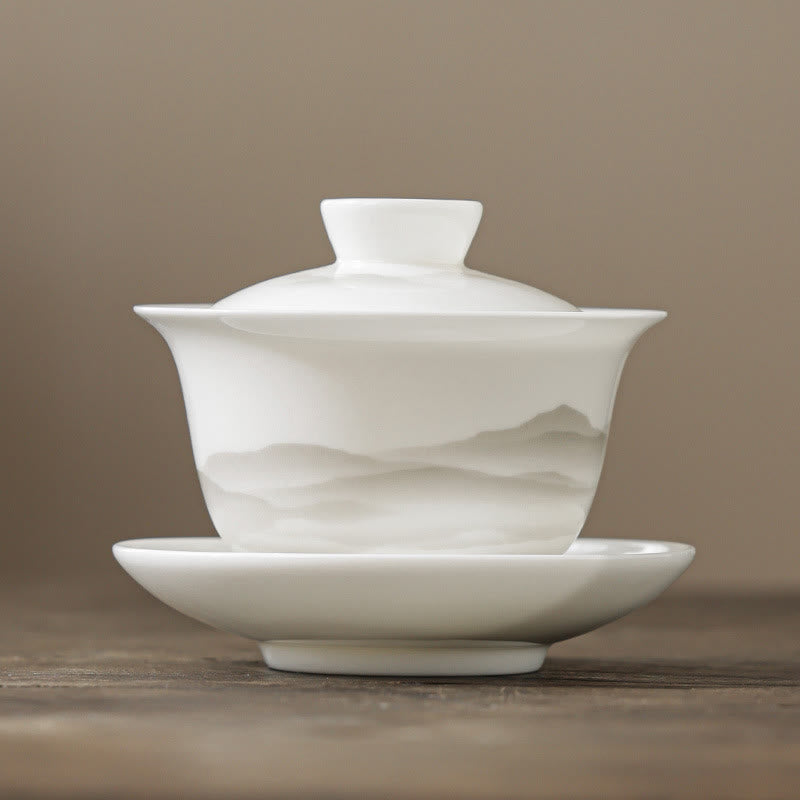 Buddha Stones Vintage Ink Painting Mountain White Porcelain Ceramic Gaiwan Sancai Teacup Kung Fu Tea Cup And Saucer With Lid Tea Utensil Teapot - Cup 10.3cm*8.3cm*175ml - image 0