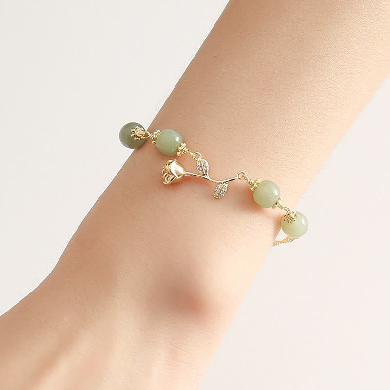 Buddha Stones 14K Gold Plated Hetian Jade Golden Rose Flower Luck Chain Bracelet - image 6
