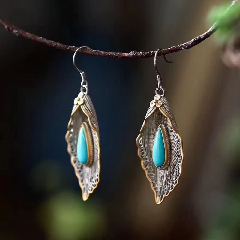 Buddha Stones 925 Sterling Silver Turquoise Bodhi Leaf Pattern Protection Drop Dangle Earrings - image 8