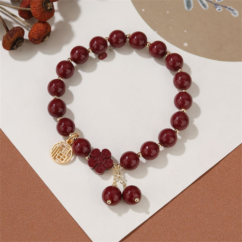 Buddha Stones Cinnabar Fu Character Cherry Blossom Blessing Bracelet - image 6