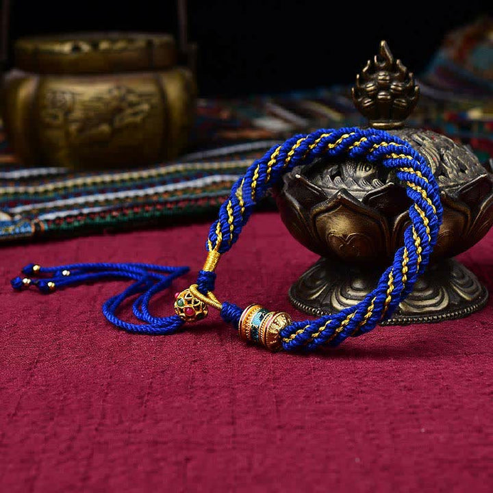 Buddha Stones Tibetan Handmade Luck Thangka Prayer Wheel Charm Weave String Bracelet - Dark Blue - image 10