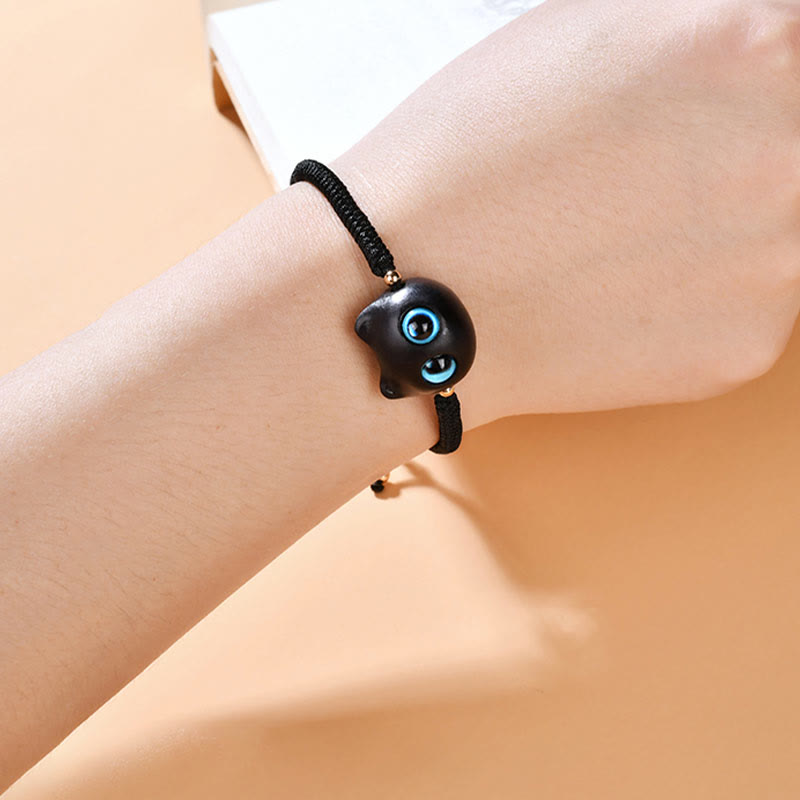 Buddha Stones Ebony Wood Cat Head Pattern Peace King Kong Knot Braided Bracelet - image 14