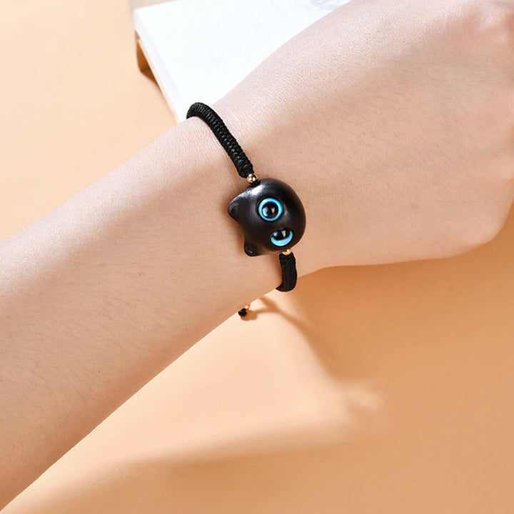 Buddha Stones Ebony Wood Cat Head Pattern Peace King Kong Knot Braided Bracelet - image 14