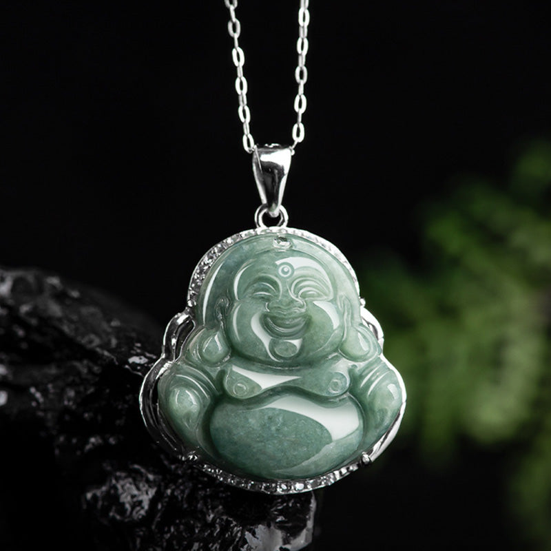 Buddha Stones 925 Sterling Silver Laughing Buddha Jade Abundance Necklace Chain Pendant - image 7