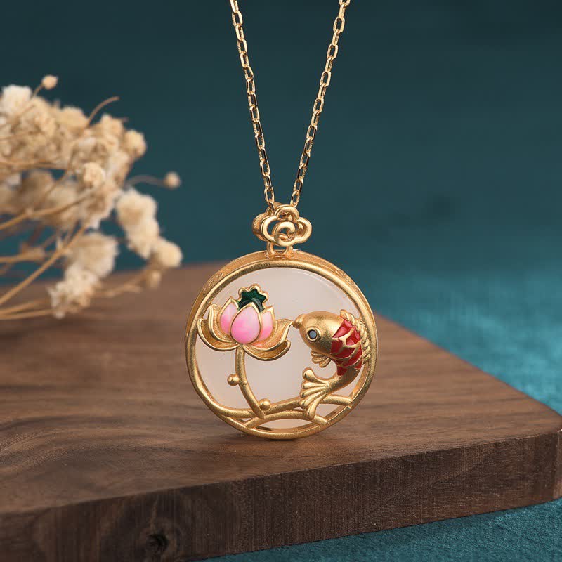 Buddha Stones White Jade Koi Fish Lotus Blessing Necklace Pendant - White Jade - image 0