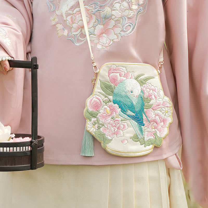 Buddha Stones Luck Embroidery Lotus Koi Fish Rabbit Flower Hanfu Bag Crossbody Bag Shoulder Bag - Spring Birds Flower - image 17
