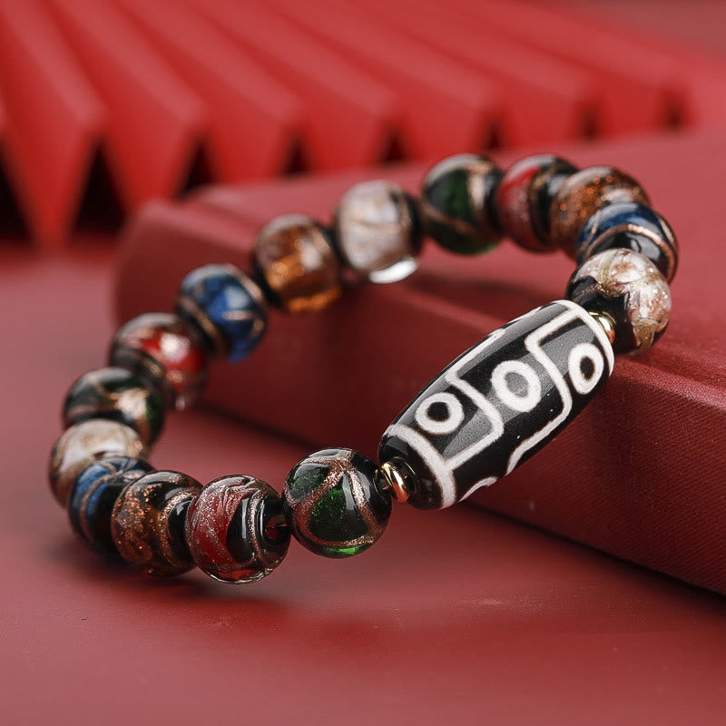 Buddha Stones Tibetan Nine-Eye Dzi Bead Three-eyed Dzi Bead Liuli Glass Bead Wealth Bracelet - Nine-Eye Dzi Bead - Multicolored Liuli Glass Bead - 14mm - image 0