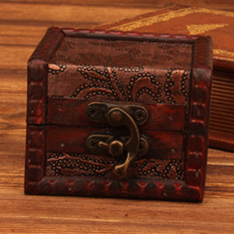 Buddha Stones Retro Small Square Wood Jewelry Box Lotus Grass Flower Grape Copper Coin Daffodil Jewelry Storage Box - image 8
