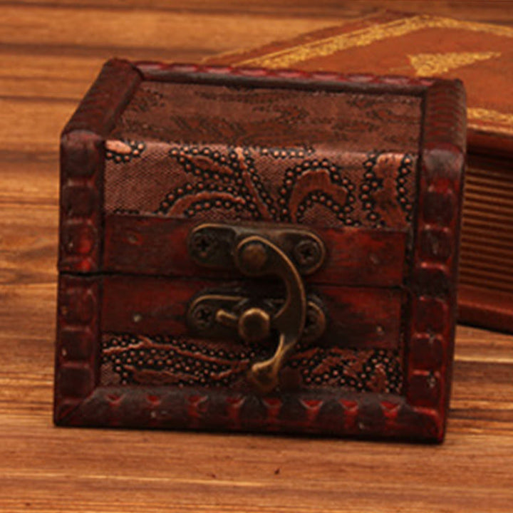 Buddha Stones Retro Small Square Wood Jewelry Box Lotus Grass Flower Grape Copper Coin Daffodil Jewelry Storage Box - image 8