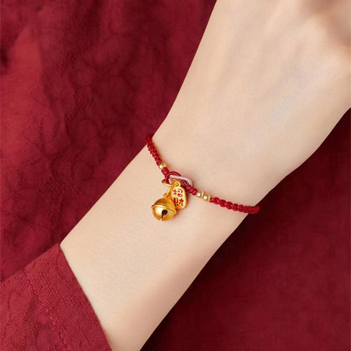 Buddha Stones Handmade Fu Character Charm Luck Happiness Bell Red Rope Bracelet - image 5