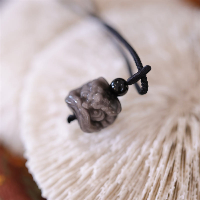 Buddha Stones Natural Silver Sheen Obsidian Dancing Lion Protection Necklace Pendant - image 5