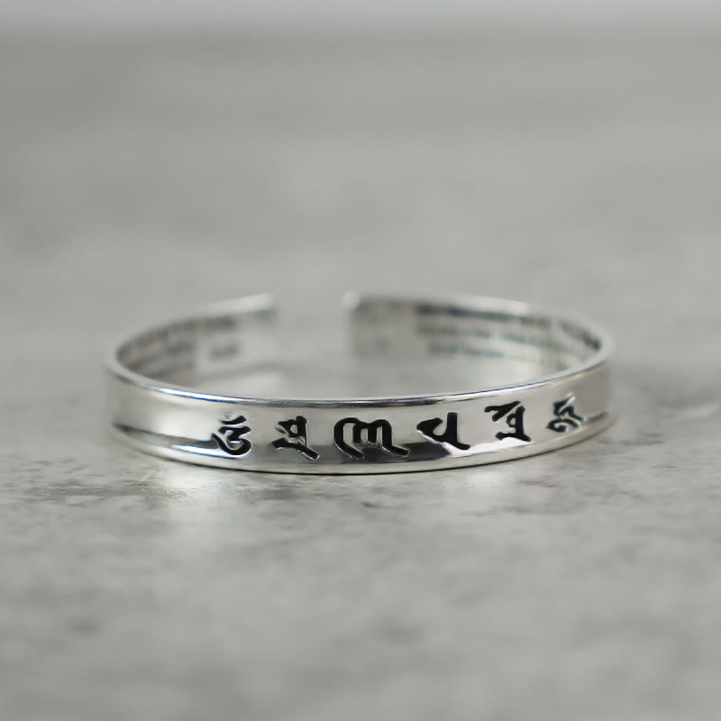 Buddha Stones Tibetan Mantra White Copper Bracelet - 4.72 IN(12MM) - Mantra Black Engraving - image 0