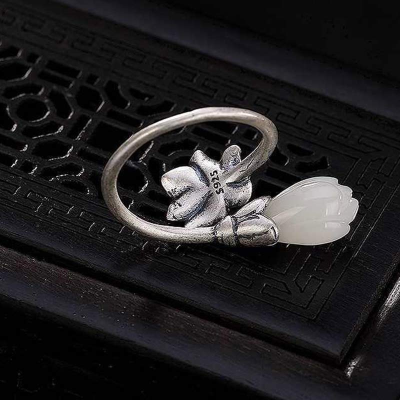 Buddha Stones Jade Lotus Copper Balance Healing Adjustable Ring - image 10