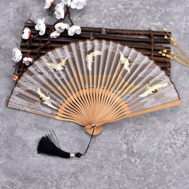 Buddha Stones Vintage Cloud Crane Pattern Handheld Bamboo Folding Fan - Khaki - image 7