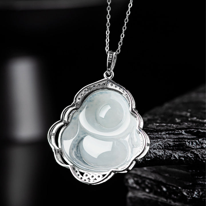 Buddha Stones 925 Sterling Silver Laughing Buddha Natural Jade Abundance Necklace Pendant - image 6